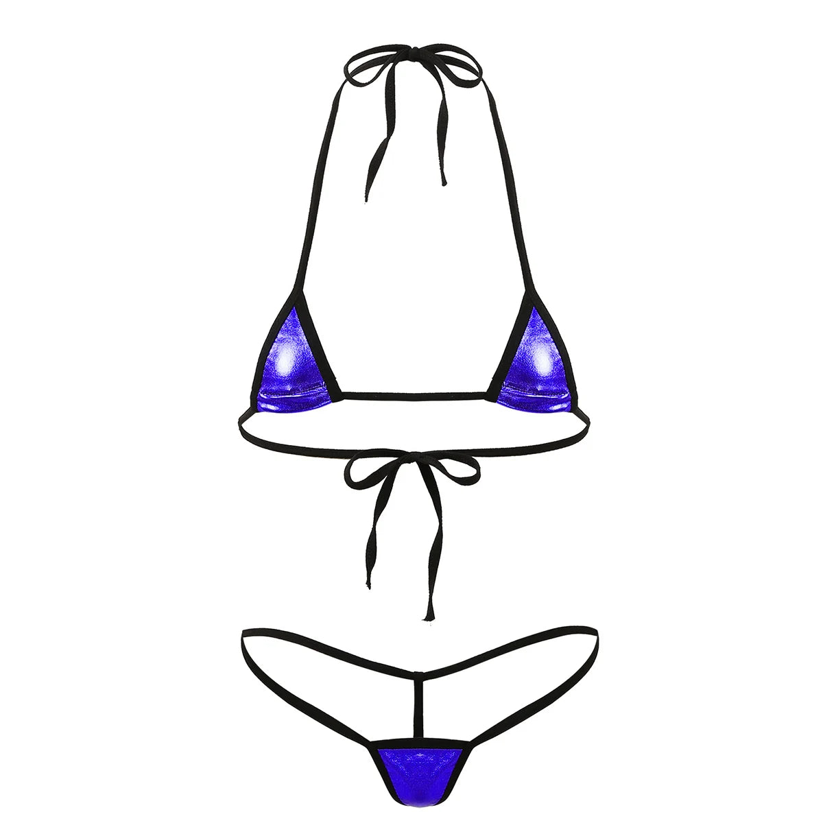 Womens Shiny Metallic Halterneck Bra Tops Micro Thong Bikini Set 2 Pieces Extreme Swimsuits Brazilian Swimwear Bathing Suits