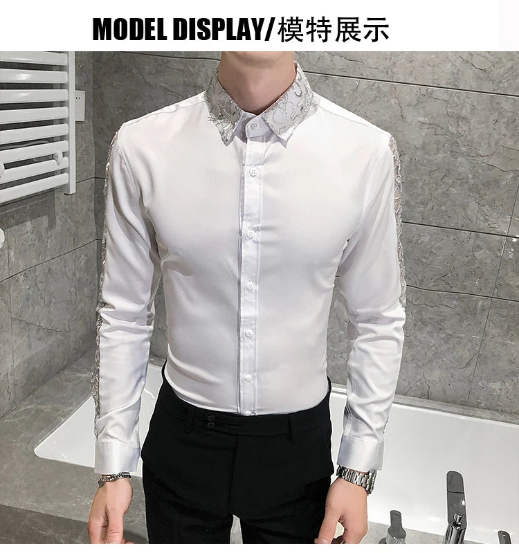 Chemise Homme Fashion Sexy Lace Long Sleeve Elegant Shirts For Men Clothing Slim Fit Casual Men's Social Shirt Tuxedo Big Size
