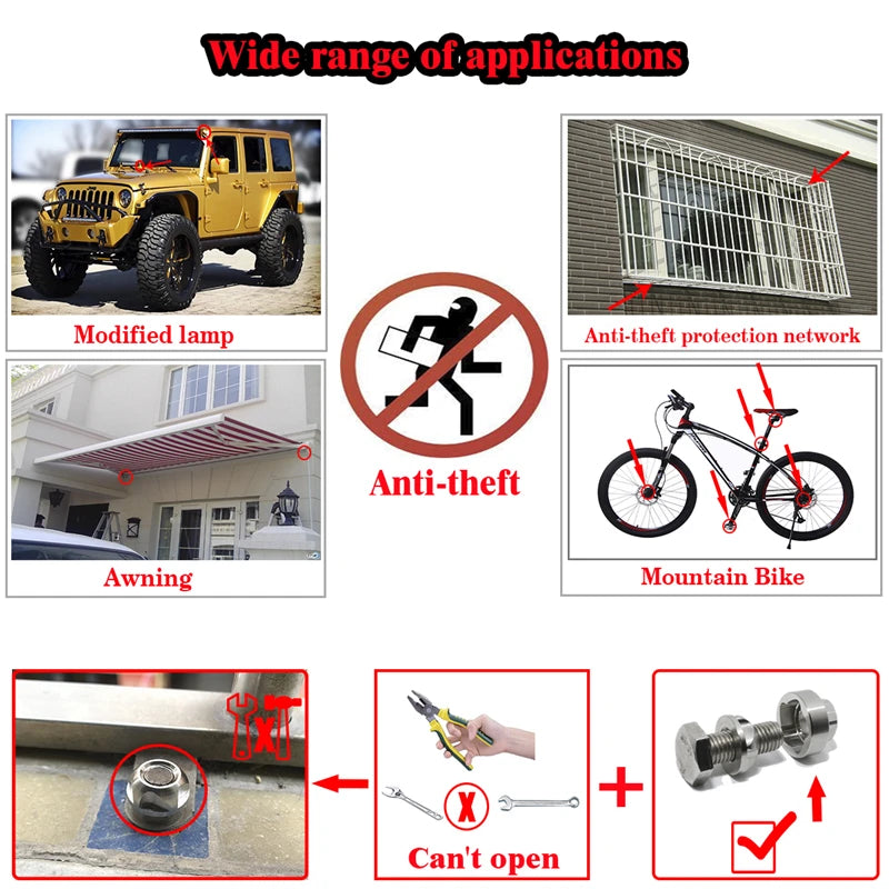 Security protection Anti Theft Nuts M6 M8 M10 M12 Nuts 304Stainless Steel Mountain Bike Awning Car Accessories LED Light