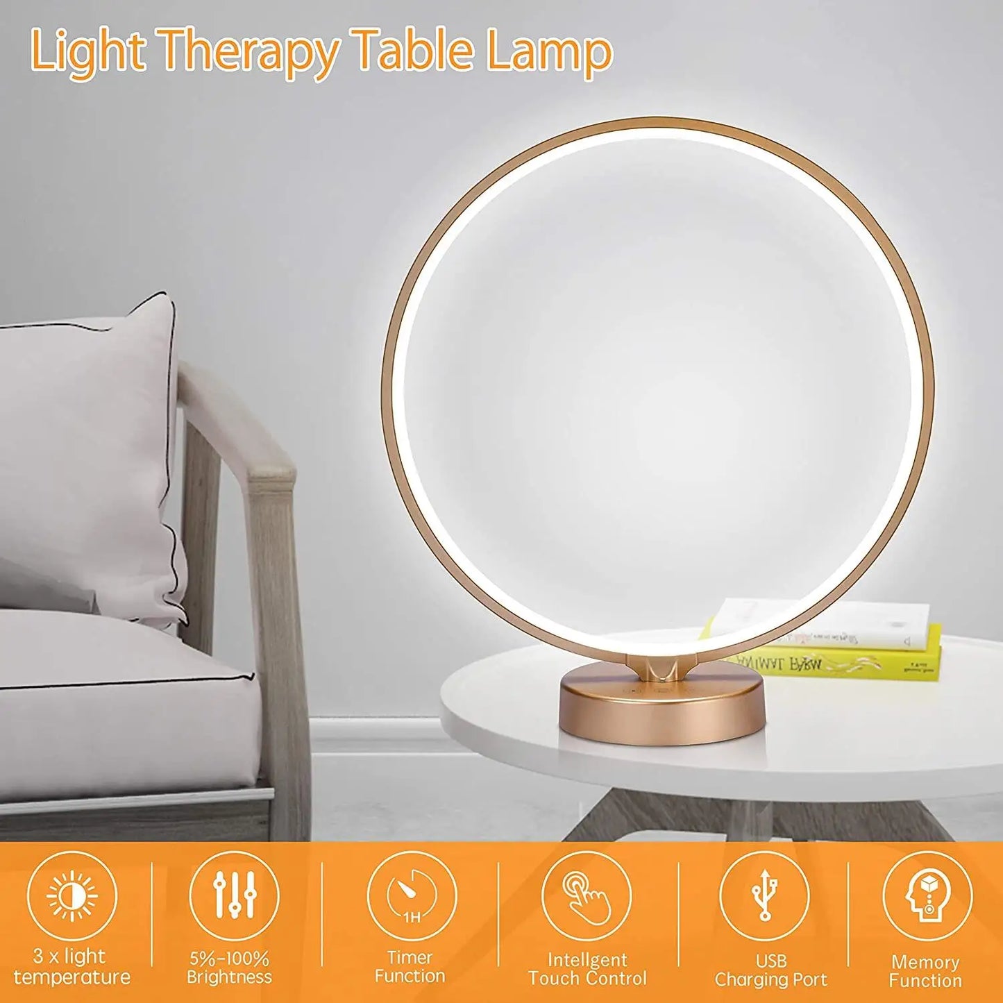 Patent Design Ring Shape 360 Degree Emitting Aluminum Ring Silicone Cover 10000lux High CRI Sunlight Against Disorder Lamp