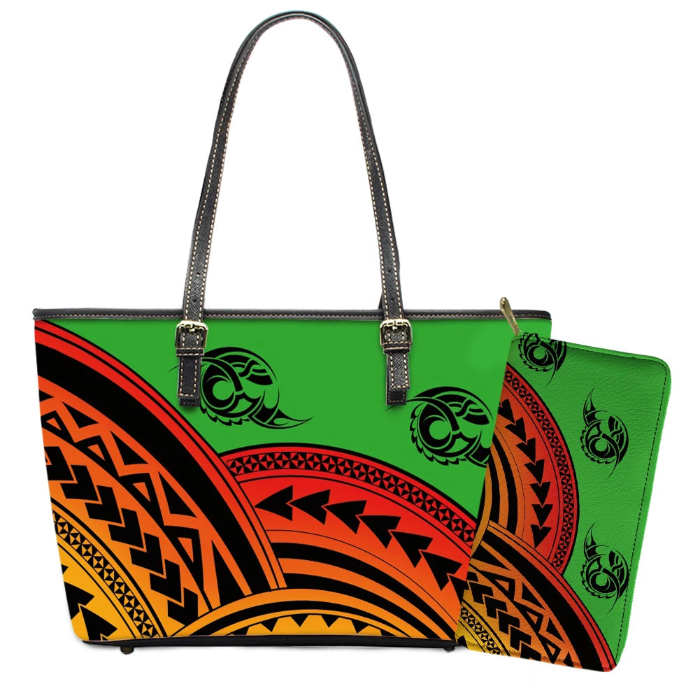 Elegant Polynesian Tribal Hawaii Tropical Leather Purses with Zipper Wallet Luxury Ladies Tote Bag Custom Women's Shoulder Bag