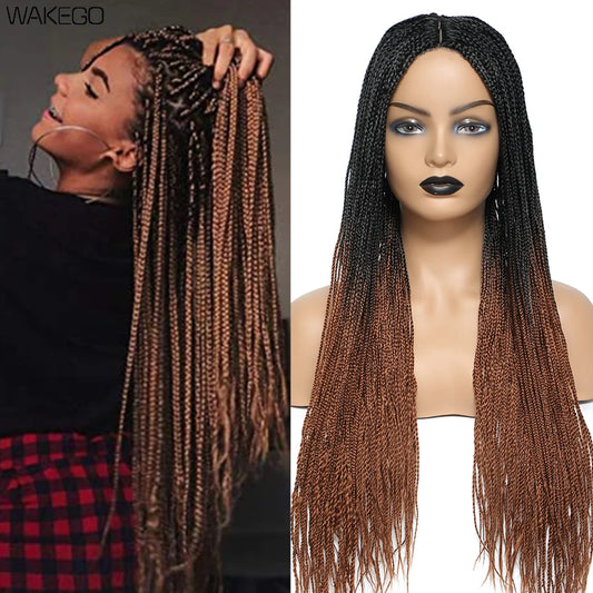 Wakego 26 Inch Ombre Box Braided Wigs For Black Women Braided Wig Fake Scalp Heat Resistant Braiding Hair Wig Peruca Sintetica