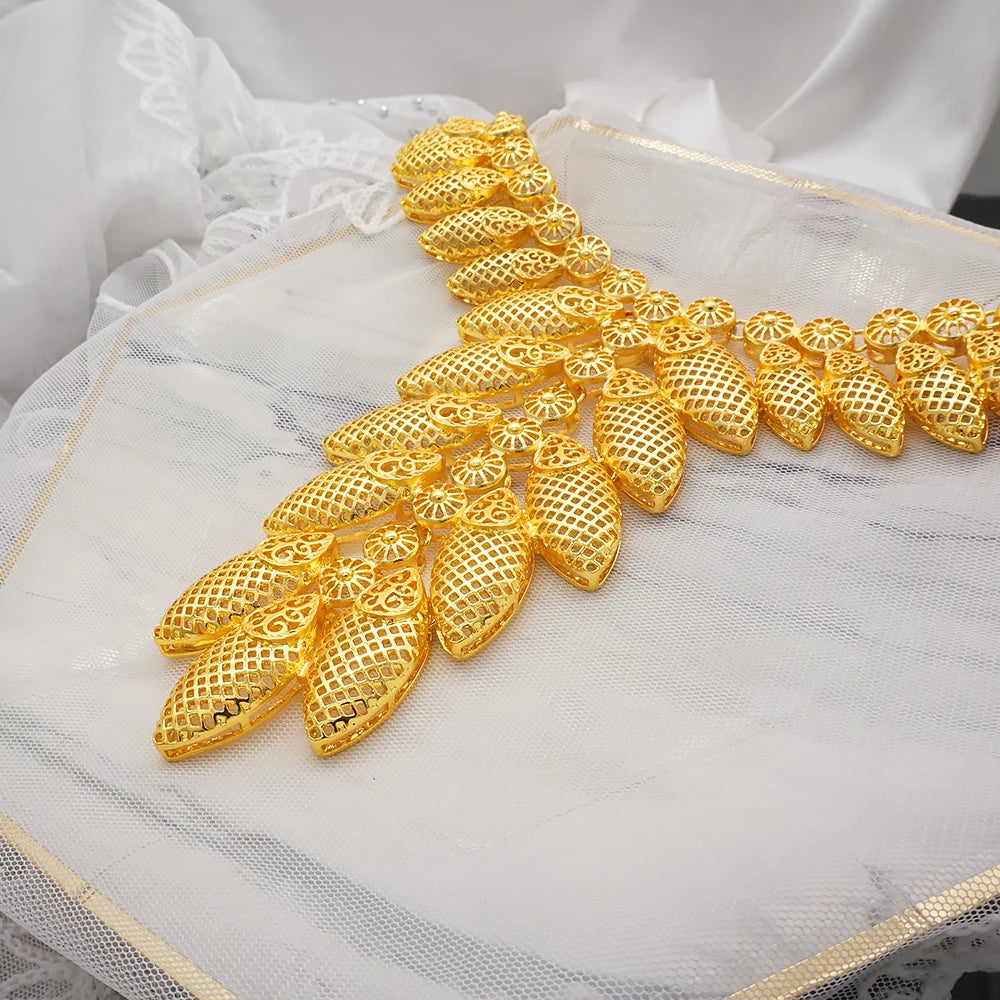 African Gold Color Long Necklace/Earrings/Ring Big Jewelry Set Women Arab Jewelry Wedding Accessories