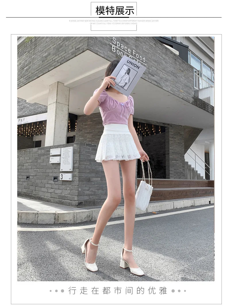 A Line Mini Skirt New Ultra-short Mini Pants Elastic Waist Joker Lace Pleated  Sexy  Fashion Black White Skirt