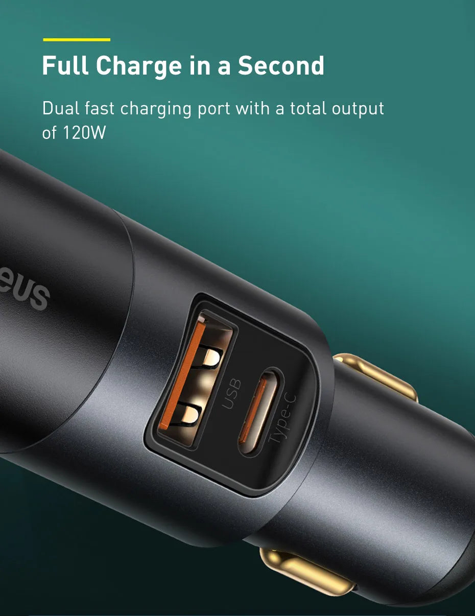 Baseus 120W Car Phone Charger Quick Charge QC 4.0 3.0 Dual USB Type C Expand Charger Adapter For iPhone Xiaomi Samsung Huawei