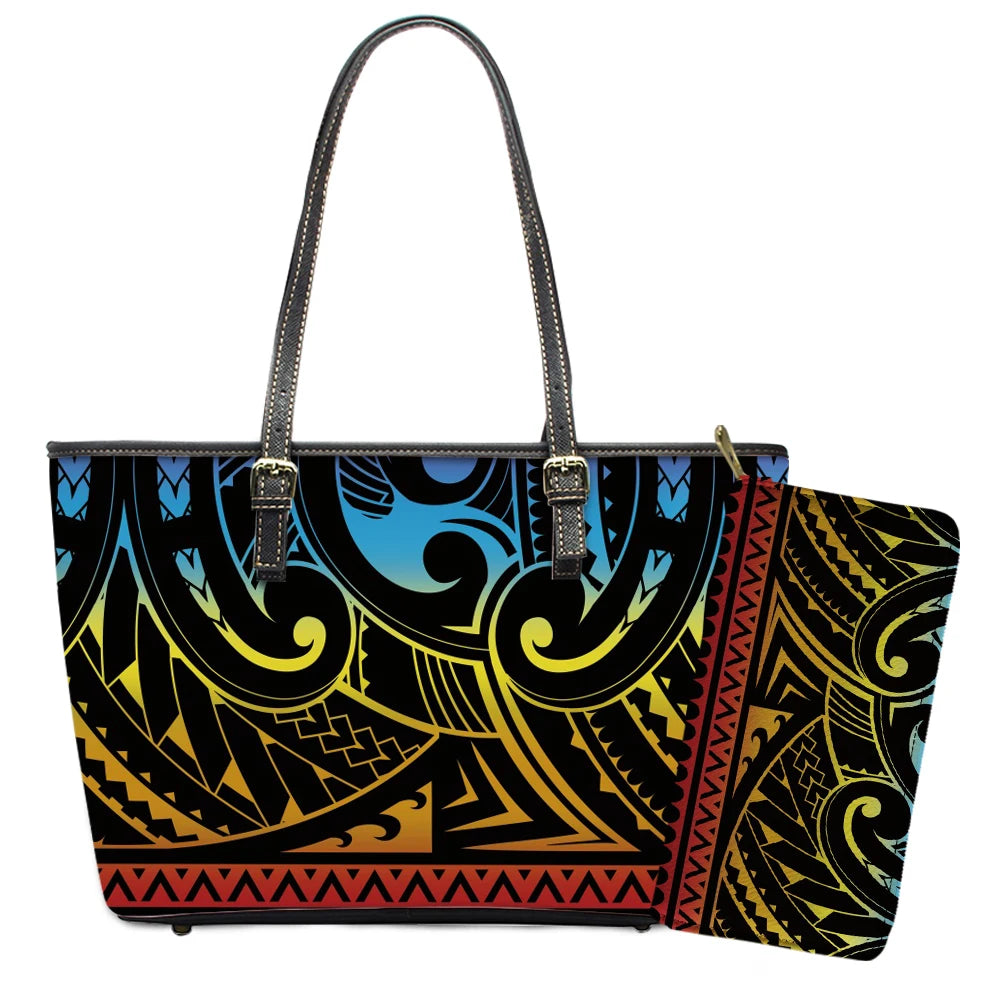 Elegant Polynesian Tribal Hawaii Tropical Leather Purses with Zipper Wallet Luxury Ladies Tote Bag Custom Women's Shoulder Bag