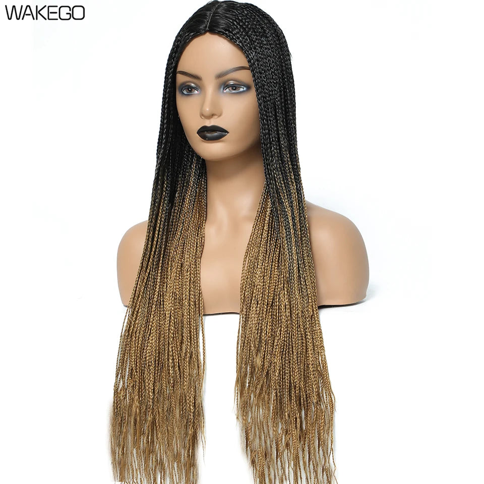 Wakego 26 Inch Ombre Box Braided Wigs For Black Women Braided Wig Fake Scalp Heat Resistant Braiding Hair Wig Peruca Sintetica