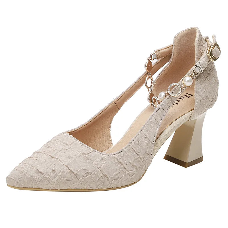 Fashion Women's High Heel Sandals Mature Ladies Thick Heel Pointy Toe Shoes Pearls Chain Casual Shoes for Woman Dressy Sandals