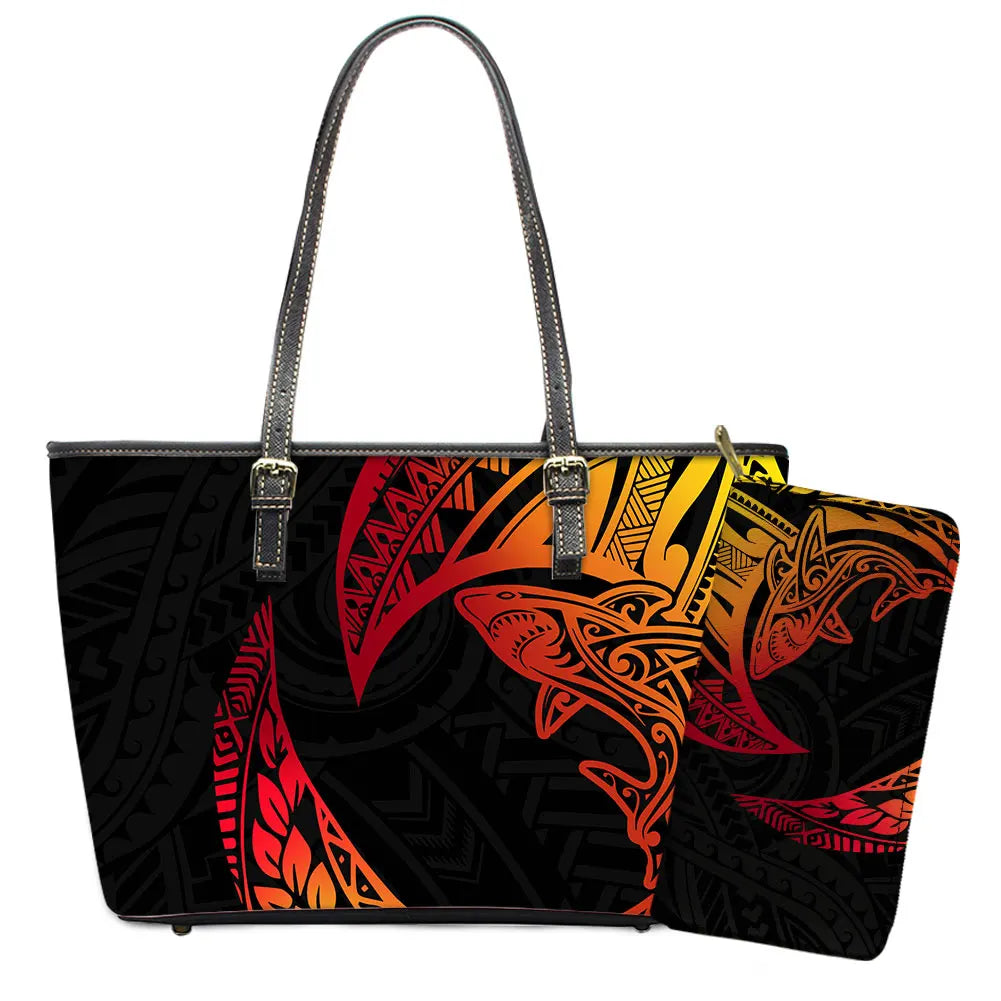 Elegant Polynesian Tribal Hawaii Tropical Leather Purses with Zipper Wallet Luxury Ladies Tote Bag Custom Women's Shoulder Bag