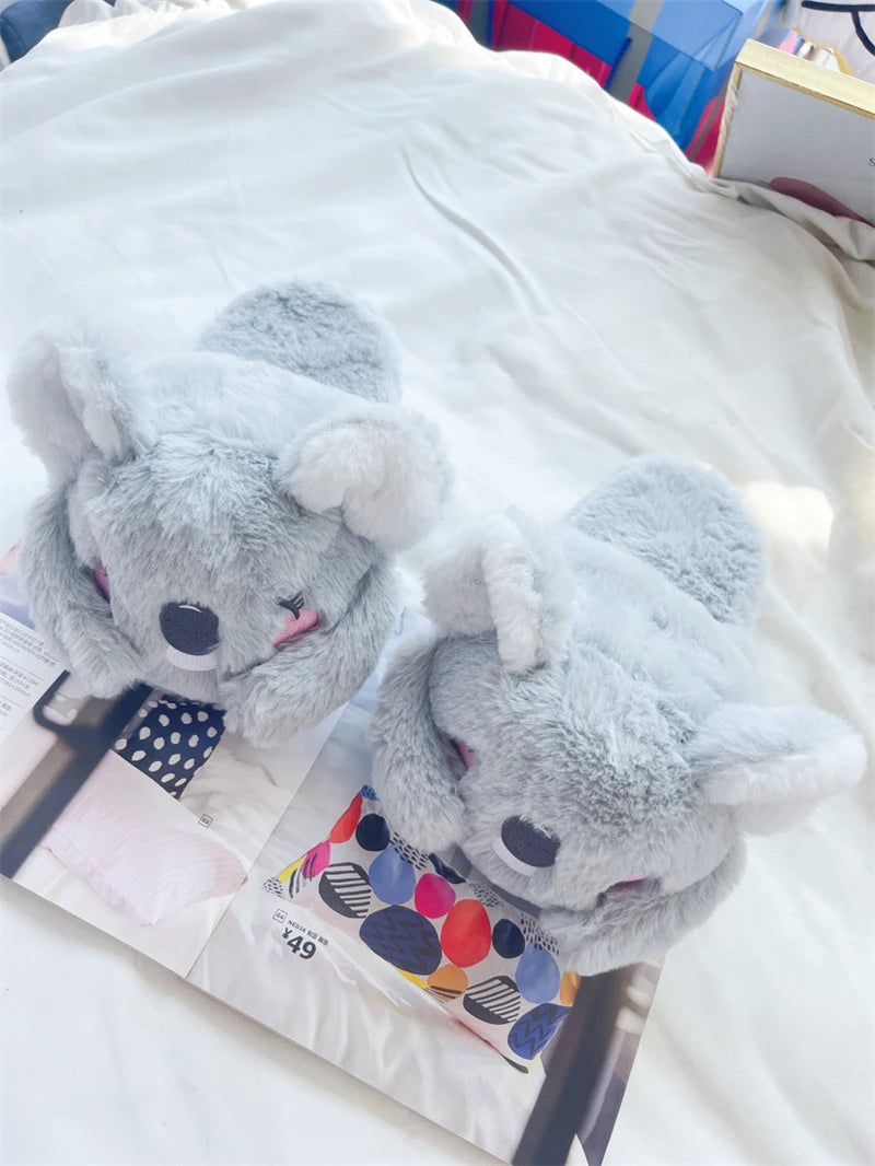 Cartoon Slippers Cute Koala Shape Home Cotton Shoes Woman Girl Warm Winter Indoor Shoes Flat Casual  Floor Non-slip Pink Grey