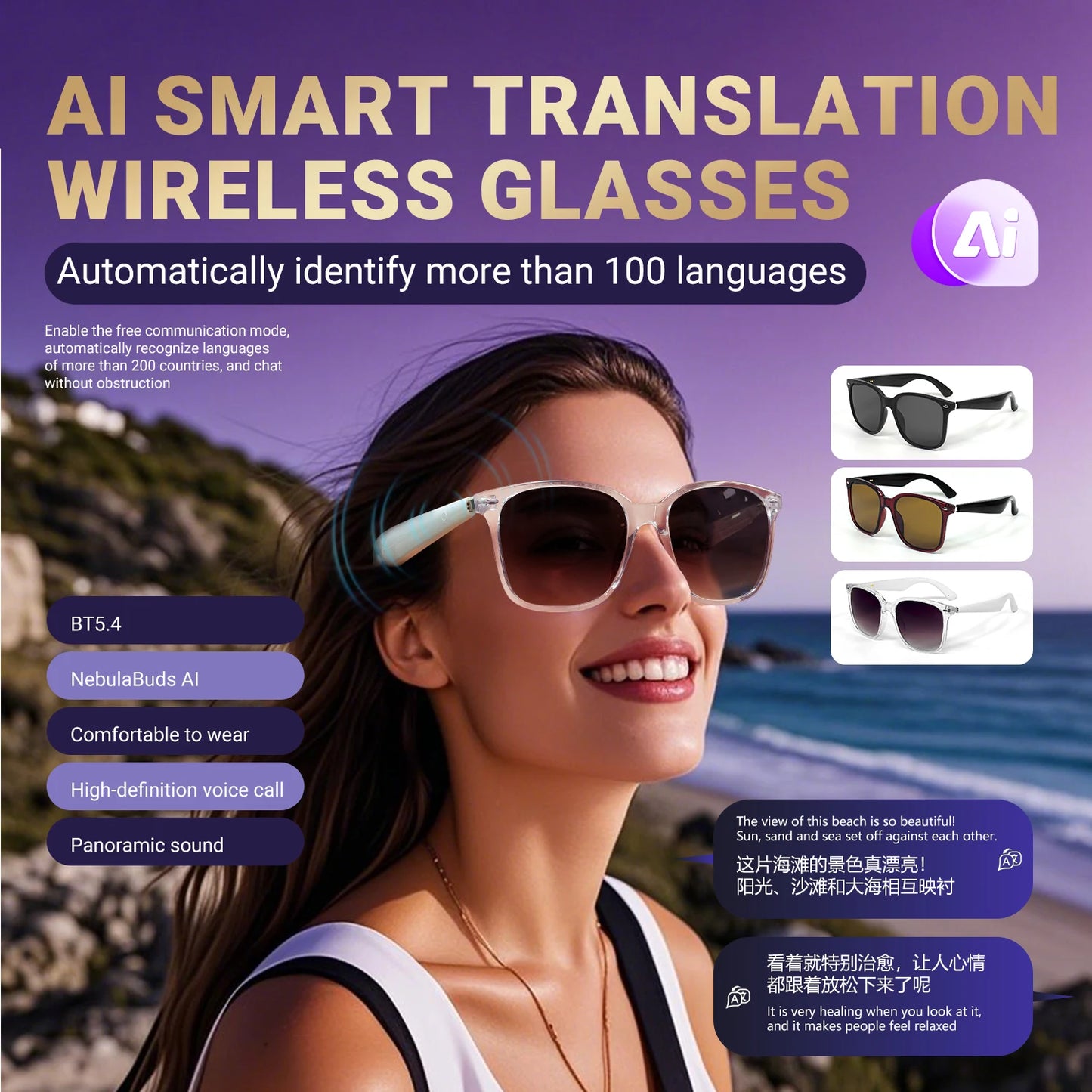 SENBONO GY500 HiFi Stereo Wireless Headphones Smart Glasses Translator UV Protection for Travel Outdoor Sports AI Sunglasses