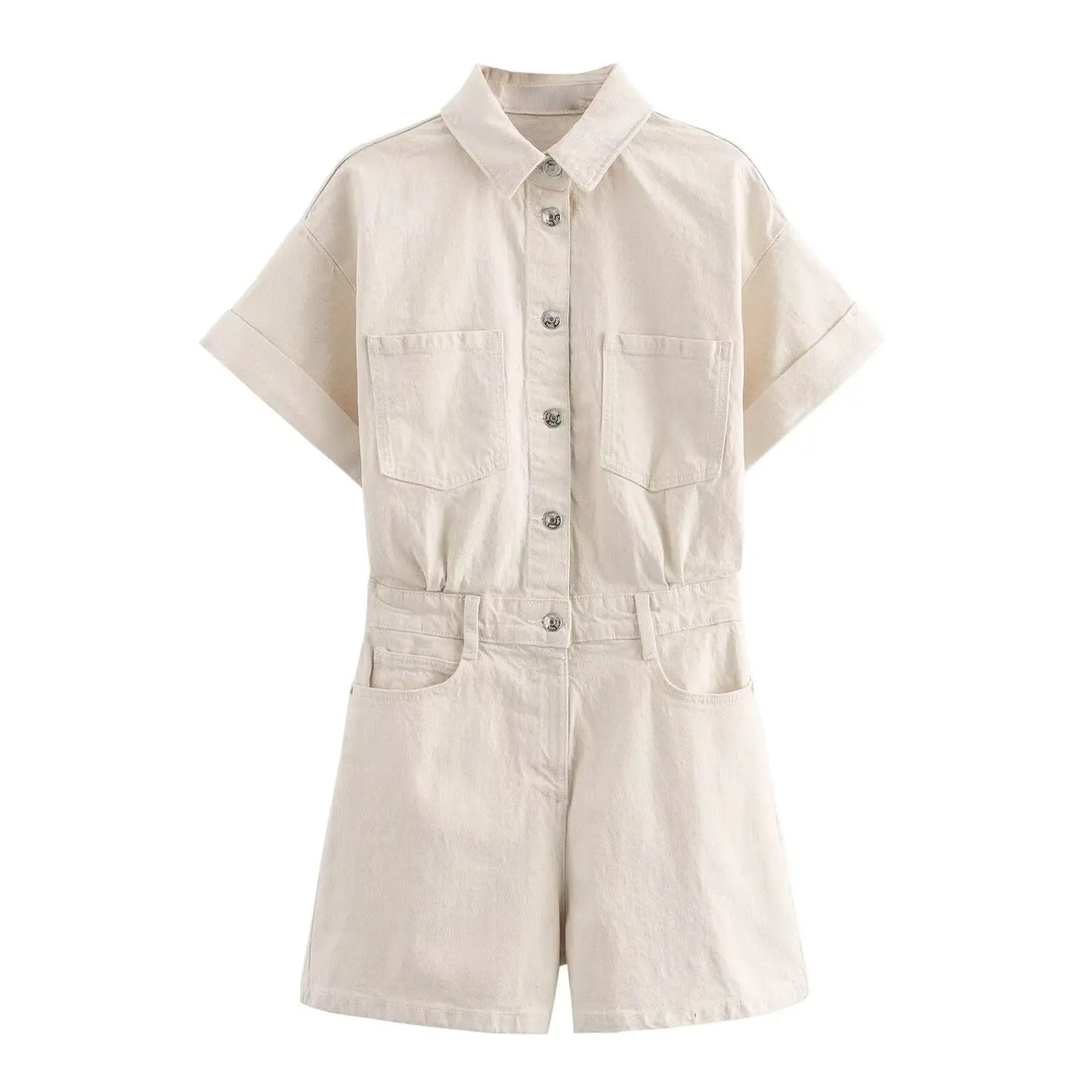 KP&ZA Vintage Summer Women's Casual Slim Denim Overalls Washed Technique Waist Solid 1879039 Rolled Sleeve Lapel Button