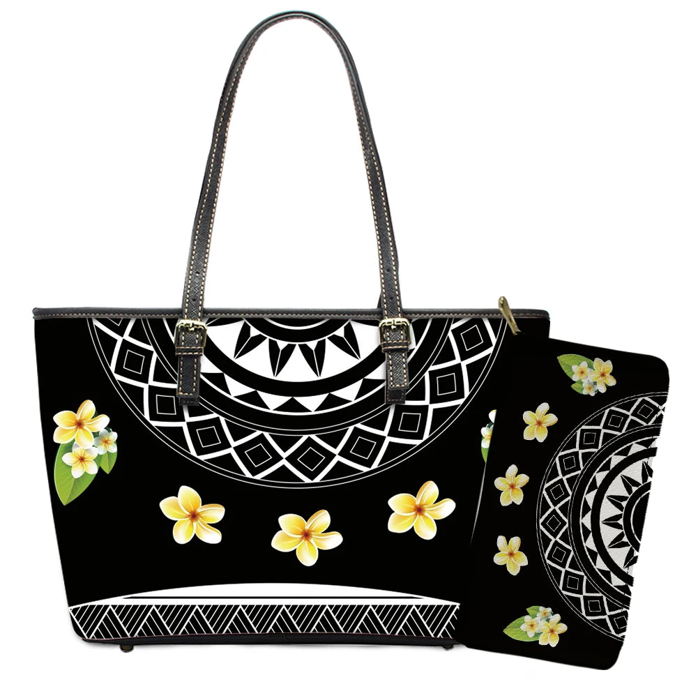 Elegant Polynesian Tribal Hawaii Tropical Leather Purses with Zipper Wallet Luxury Ladies Tote Bag Custom Women's Shoulder Bag
