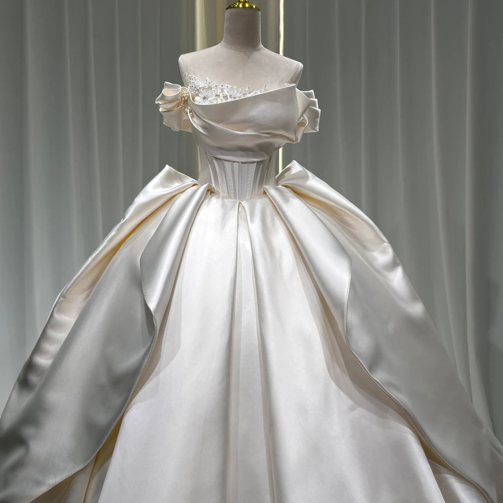 Custom Made Off Shoulder Satin Layered Cathedral Train Pearl Wedding Dress Xs040