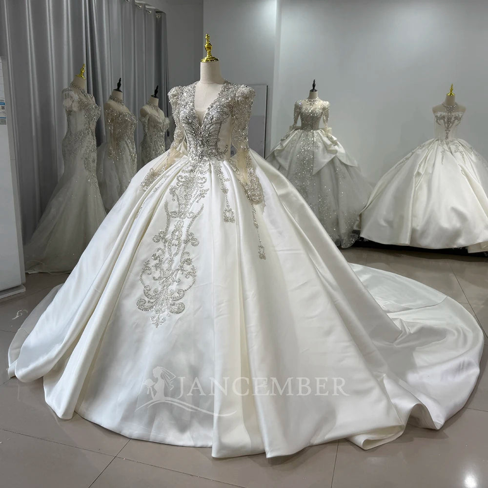 Vintage High-End French Light Luxury Wedding Dress New Bride Long Sleeve Satin Xs153