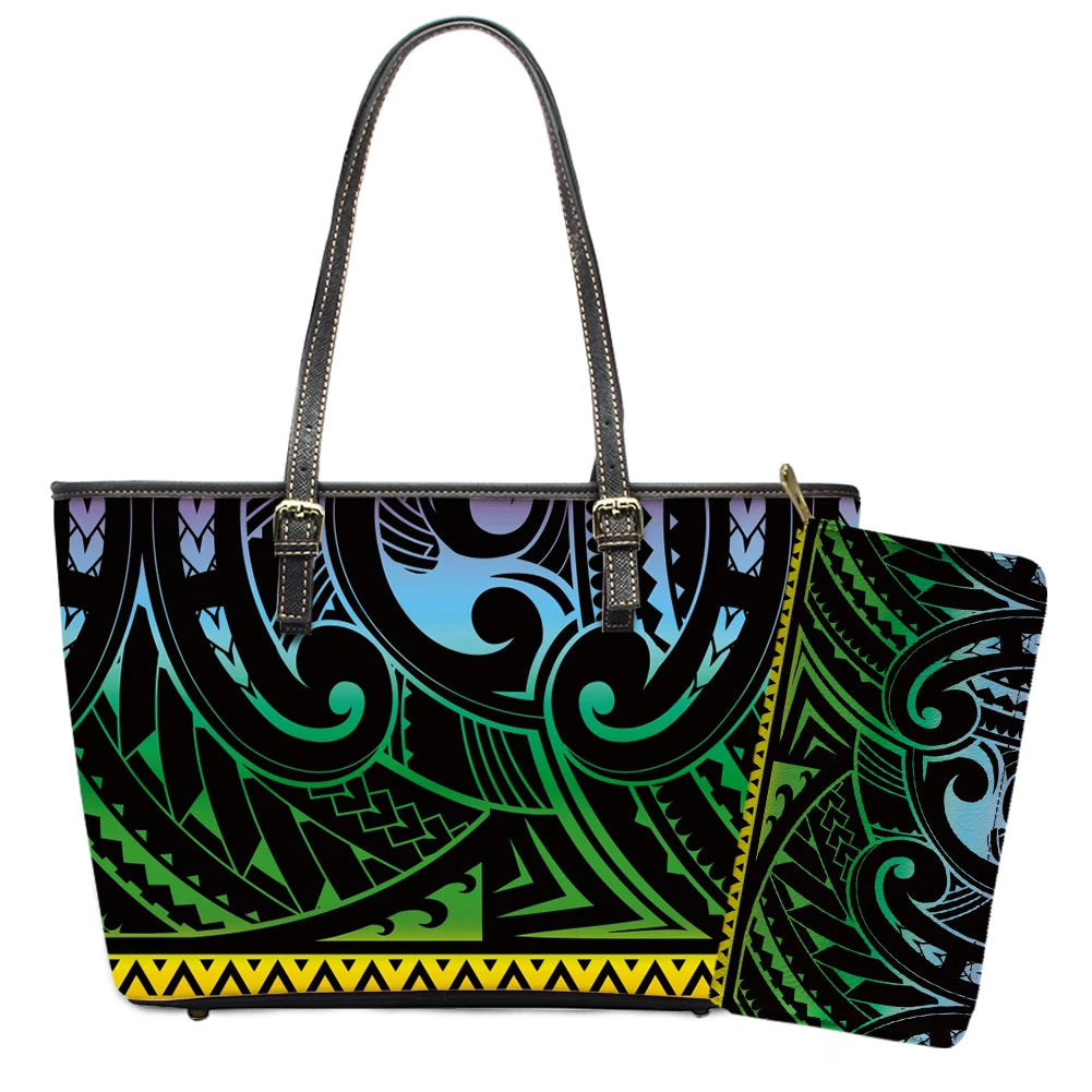 Elegant Polynesian Tribal Hawaii Tropical Leather Purses with Zipper Wallet Luxury Ladies Tote Bag Custom Women's Shoulder Bag