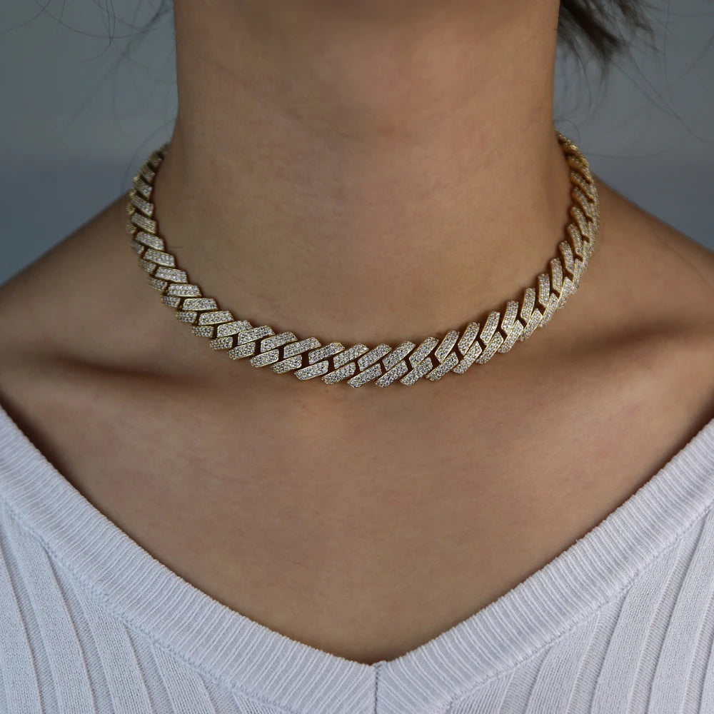 New 12mm Cuban Link Chains Necklace Gold Silver Color CZ Hiphop Fashion Jewelry Bling AAA Zircon 2 Row Iced Out For Men