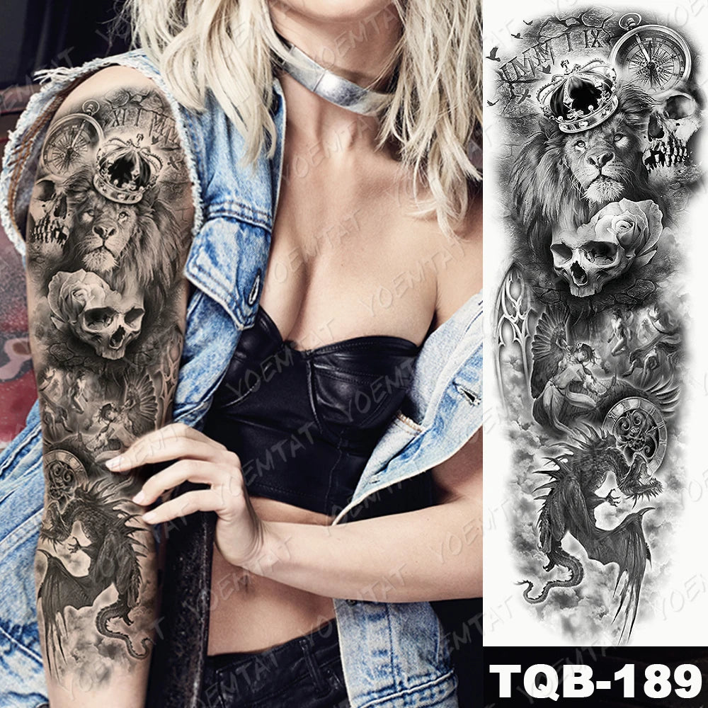 Large Arm Sleeve Tattoo Forest Angel Wolf Lion Waterproof Temporary Tatto Sticker Crown Skull Body Art Full Fake Tatoo Women Men