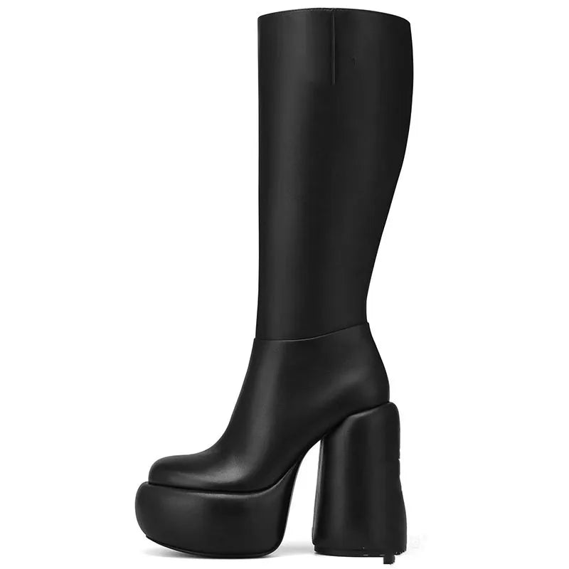 Women's Black Over Knee High Boots Botas Alto Chunky Platform Block Heels Zip Closure Winter Women's Shoes