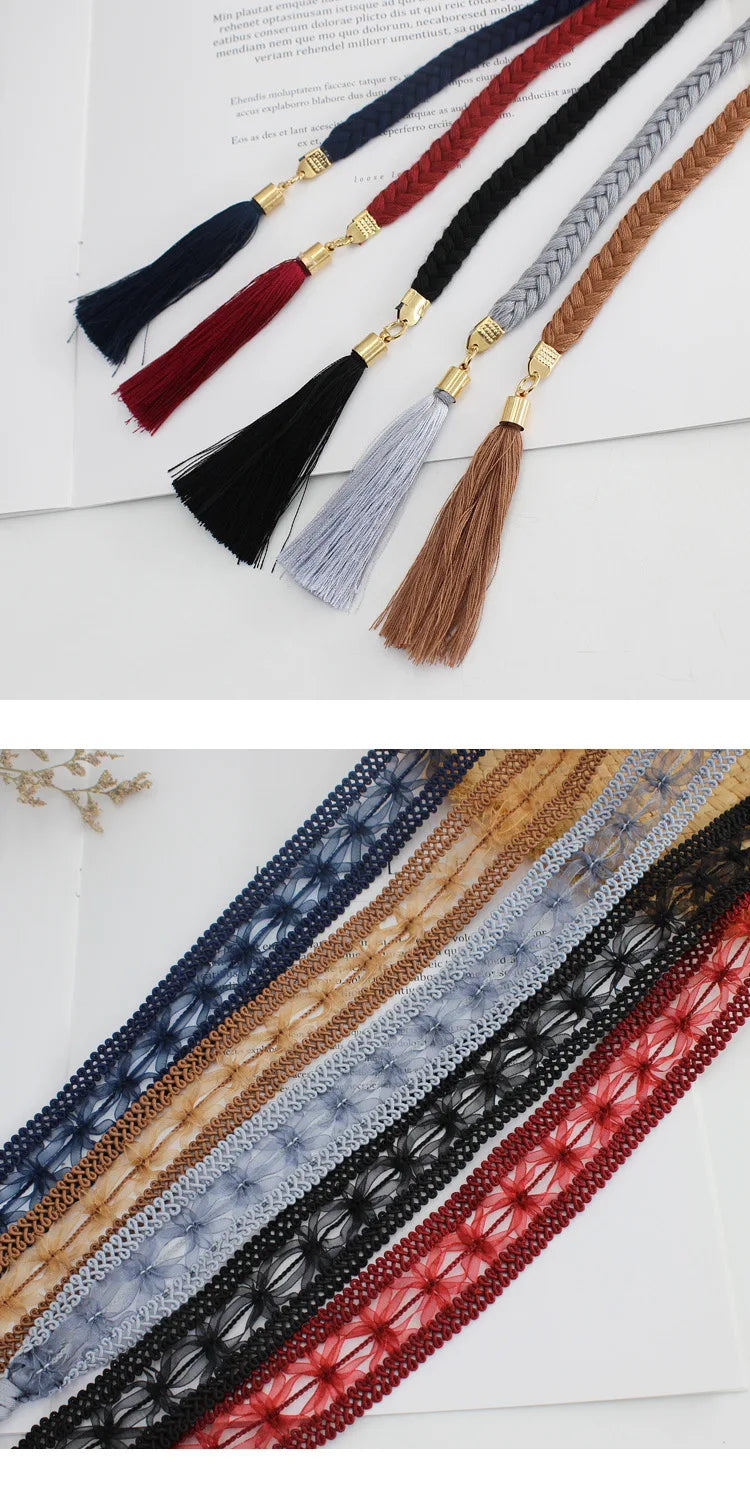 New Women Woven Tassel Belt Braided Waistband Boho Girls Thin Waist Rope Knitted Waist Belts for Dress Waistbands Accessories