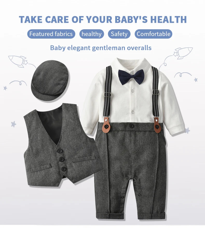 Newborn Boy Formal Clothes Set Infant Boy Gentleman Birthday Romper Outfit With Hat Vest Long Sleeve Infant Jumpsuit Suit Formal