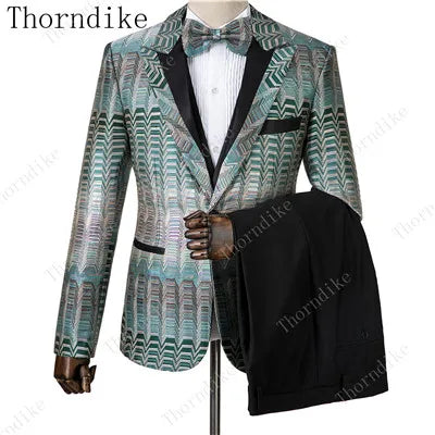 2023 Blazer+Pants+Vest Suits Male Casual Slim Blazer Coat Suit New Man Fashion Green Jacquard Eye-catching High Quality Party