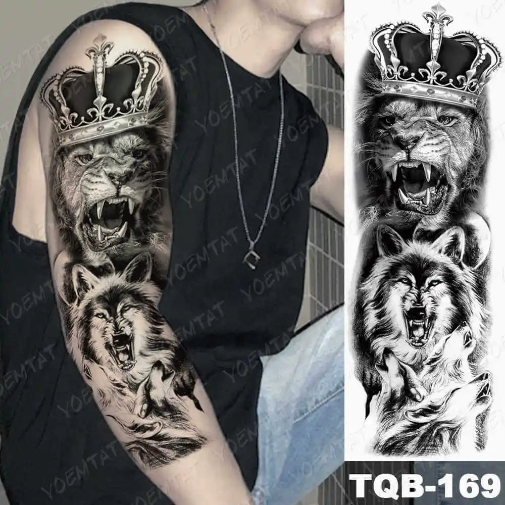 Large Arm Sleeve Tattoo Forest Angel Wolf Lion Waterproof Temporary Tatto Sticker Crown Skull Body Art Full Fake Tatoo Women Men