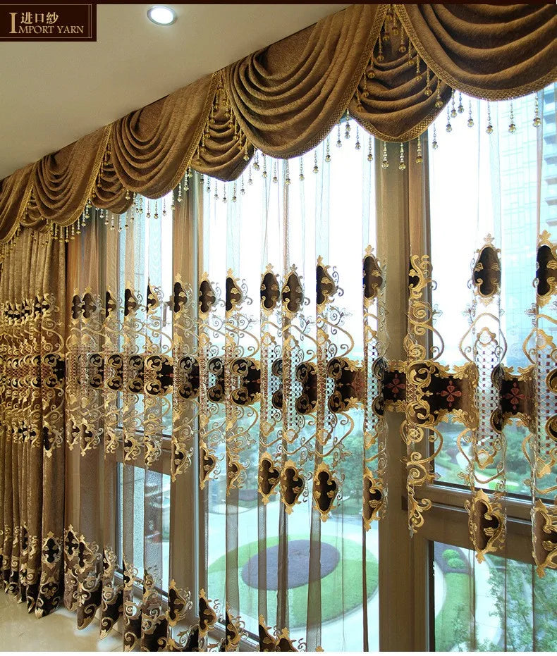 Embroidered Chenille Velvet Curtains for Living Room Bedroom European Modern Brown Gold Sheer Tulle Windows Backdrop Valance