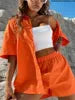 Women Cotton Linen Solid Suit Solid Color Short Sleeve Shirts and Shorts Casual Sports Outfits