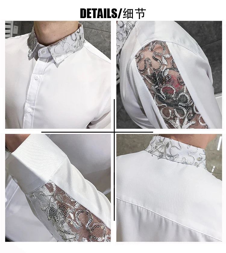 Chemise Homme Fashion Sexy Lace Long Sleeve Elegant Shirts For Men Clothing Slim Fit Casual Men's Social Shirt Tuxedo Big Size