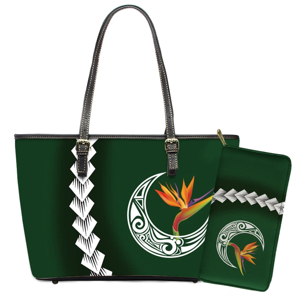 Elegant Polynesian Tribal Hawaii Tropical Leather Purses with Zipper Wallet Luxury Ladies Tote Bag Custom Women's Shoulder Bag