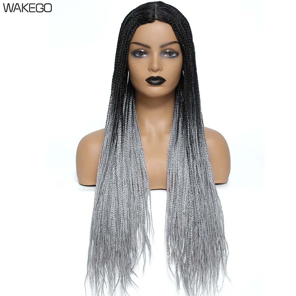 Wakego 26 Inch Ombre Box Braided Wigs For Black Women Braided Wig Fake Scalp Heat Resistant Braiding Hair Wig Peruca Sintetica