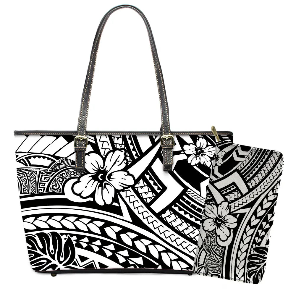 Elegant Polynesian Tribal Hawaii Tropical Leather Purses with Zipper Wallet Luxury Ladies Tote Bag Custom Women's Shoulder Bag