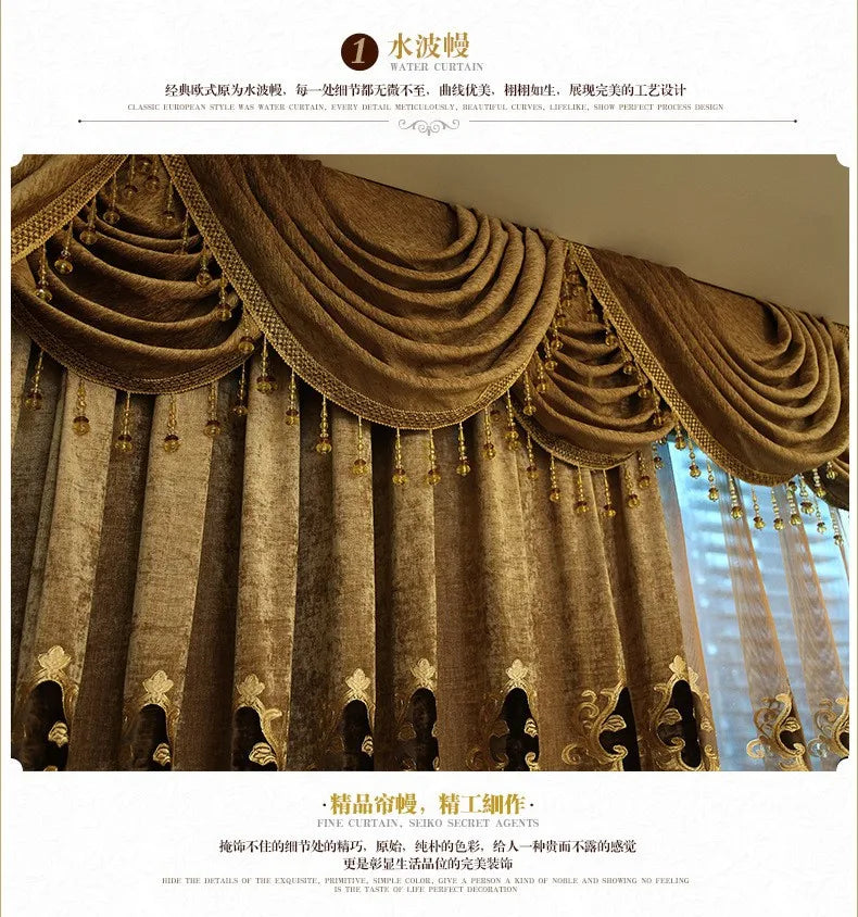 Embroidered Chenille Velvet Curtains for Living Room Bedroom European Modern Brown Gold Sheer Tulle Windows Backdrop Valance