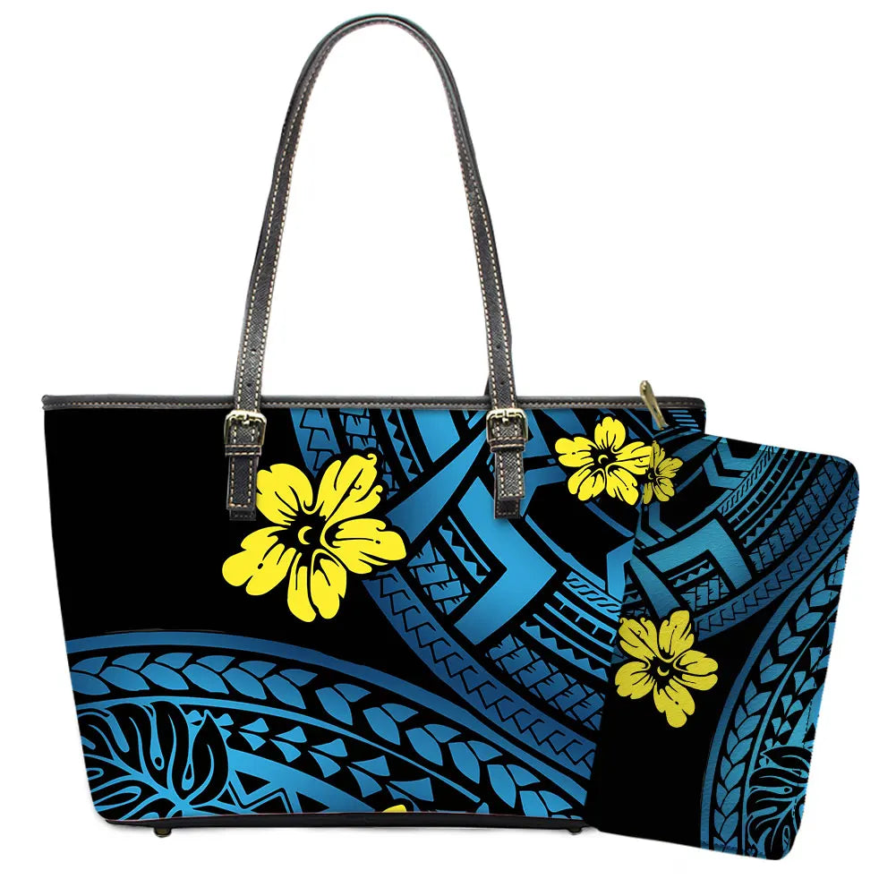 Elegant Polynesian Tribal Hawaii Tropical Leather Purses with Zipper Wallet Luxury Ladies Tote Bag Custom Women's Shoulder Bag