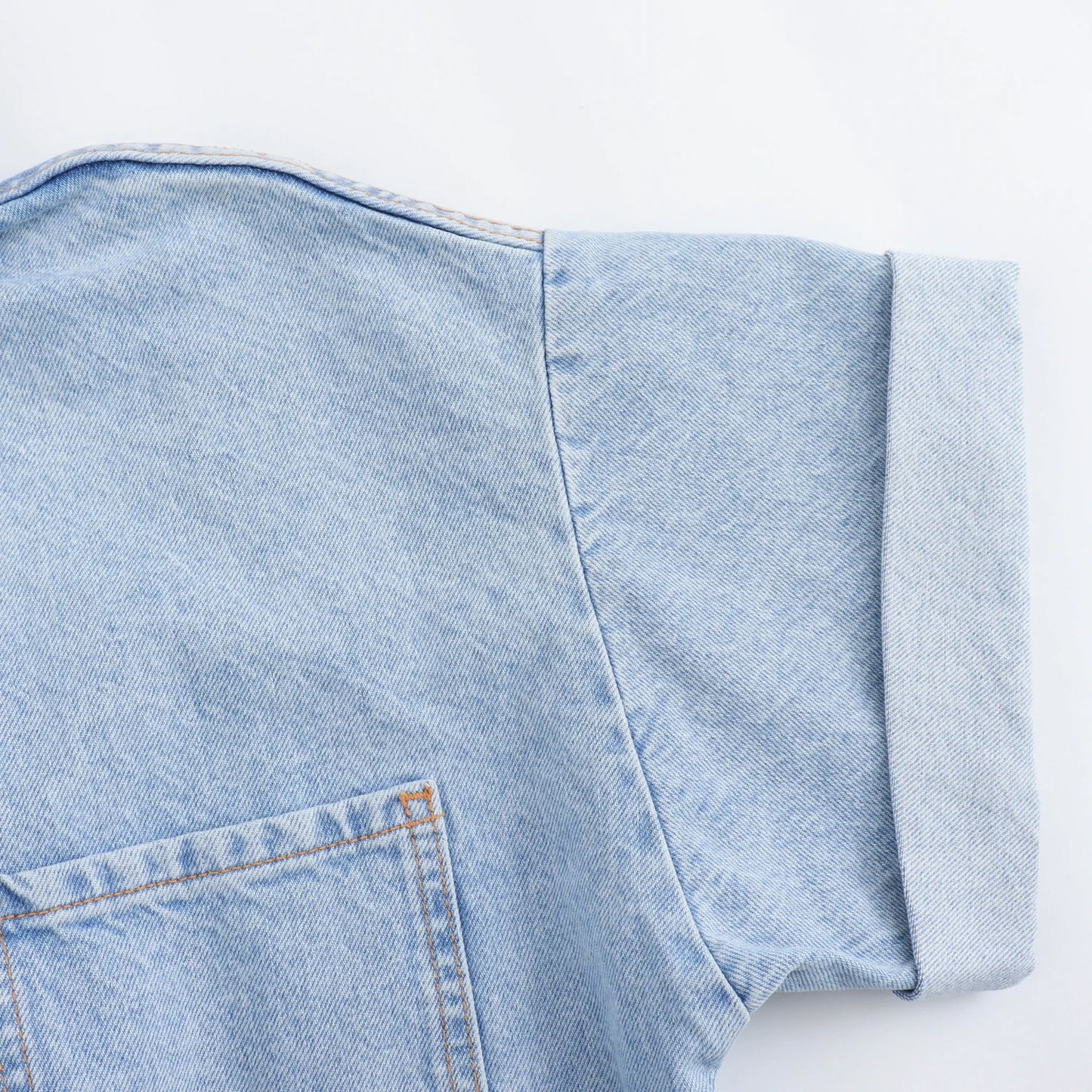 KP&ZA Vintage Summer Women's Casual Slim Denim Overalls Washed Technique Waist Solid 1879039 Rolled Sleeve Lapel Button