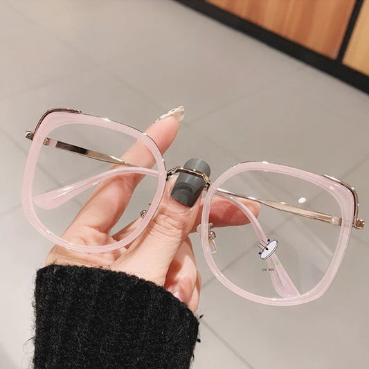 SO&EI Fashion Oversized Square Women Glasses Frame Vintage Clear Anti-Blu-Ray Eyewear Men Optical Pink Frame Computer Goggle