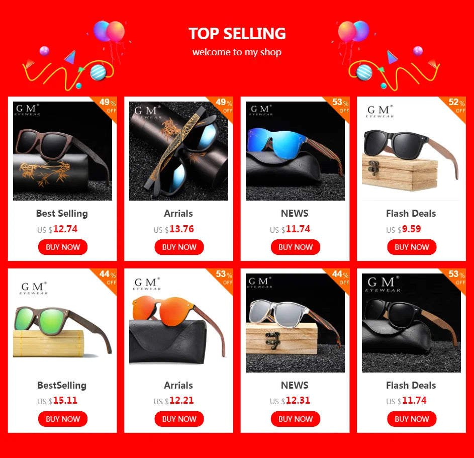 GM Best Handmade Sunglasses Men Polarized  Bamboo Wood Women Sunglasses High Quality With Sunglasses carton box S1936