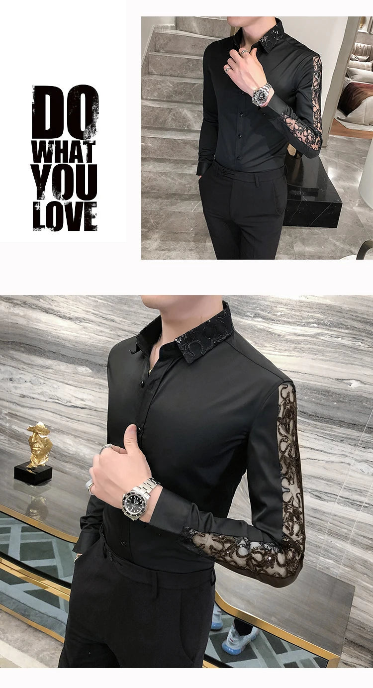 Chemise Homme Fashion Sexy Lace Long Sleeve Elegant Shirts For Men Clothing Slim Fit Casual Men's Social Shirt Tuxedo Big Size