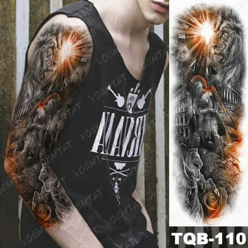 Large Arm Sleeve Tattoo Forest Angel Wolf Lion Waterproof Temporary Tatto Sticker Crown Skull Body Art Full Fake Tatoo Women Men