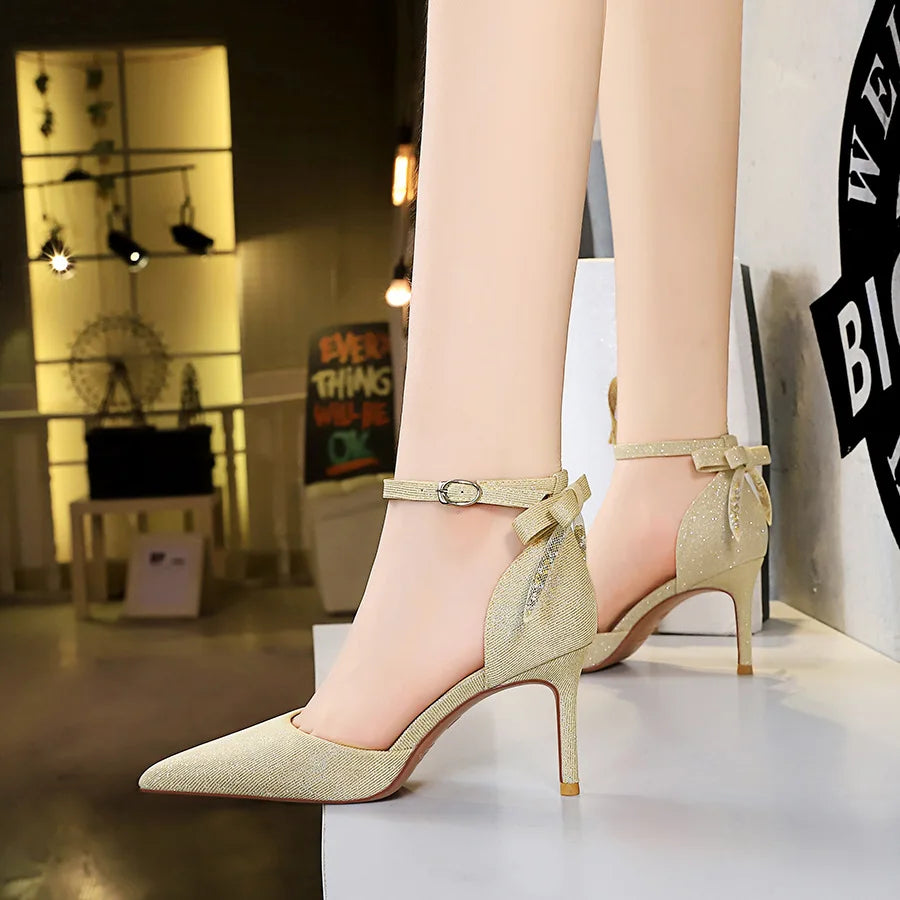 286-2 High Quality Trendy High Heeled Shoes for Women Shallow Pointed Toe Hollow Out Back Bow Ladies Heeled Sandals