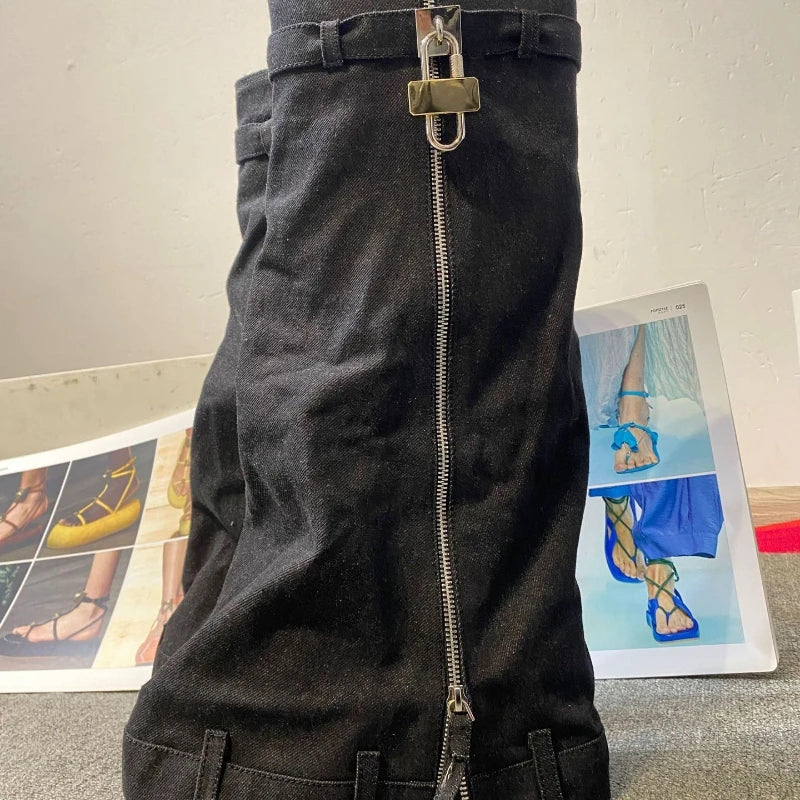 Platform Botas Alto Height Increasing Zipper Lock Decorated Cut Pants Jeans Denim Boots for Woman