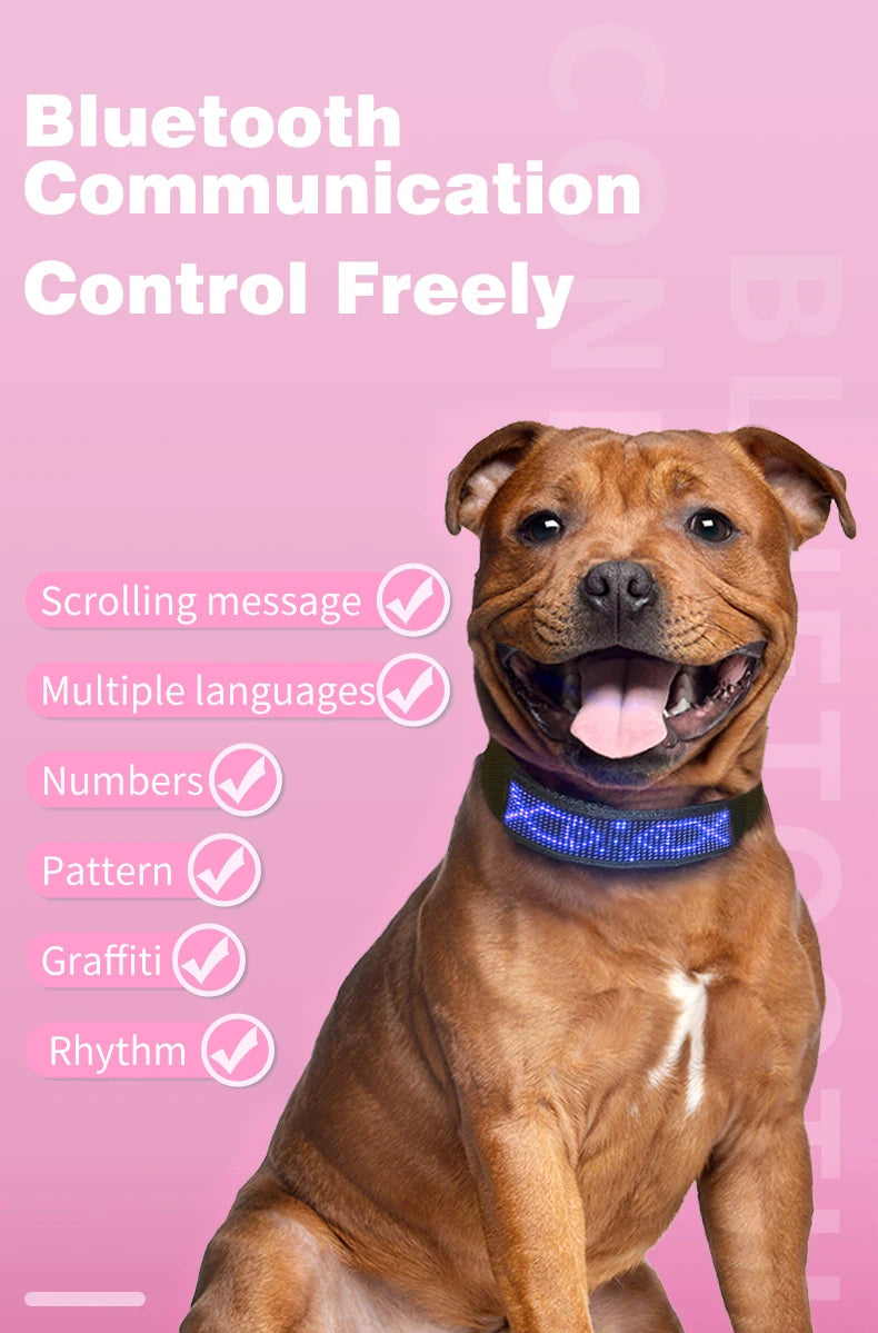 Free Size Adjustable Luminous LED Pet Collar Waterproof LED Light up Safety Dog Collar Programmable LED Display Dog Collars