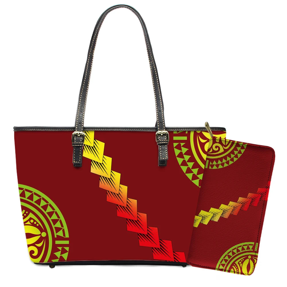 Elegant Polynesian Tribal Hawaii Tropical Leather Purses with Zipper Wallet Luxury Ladies Tote Bag Custom Women's Shoulder Bag