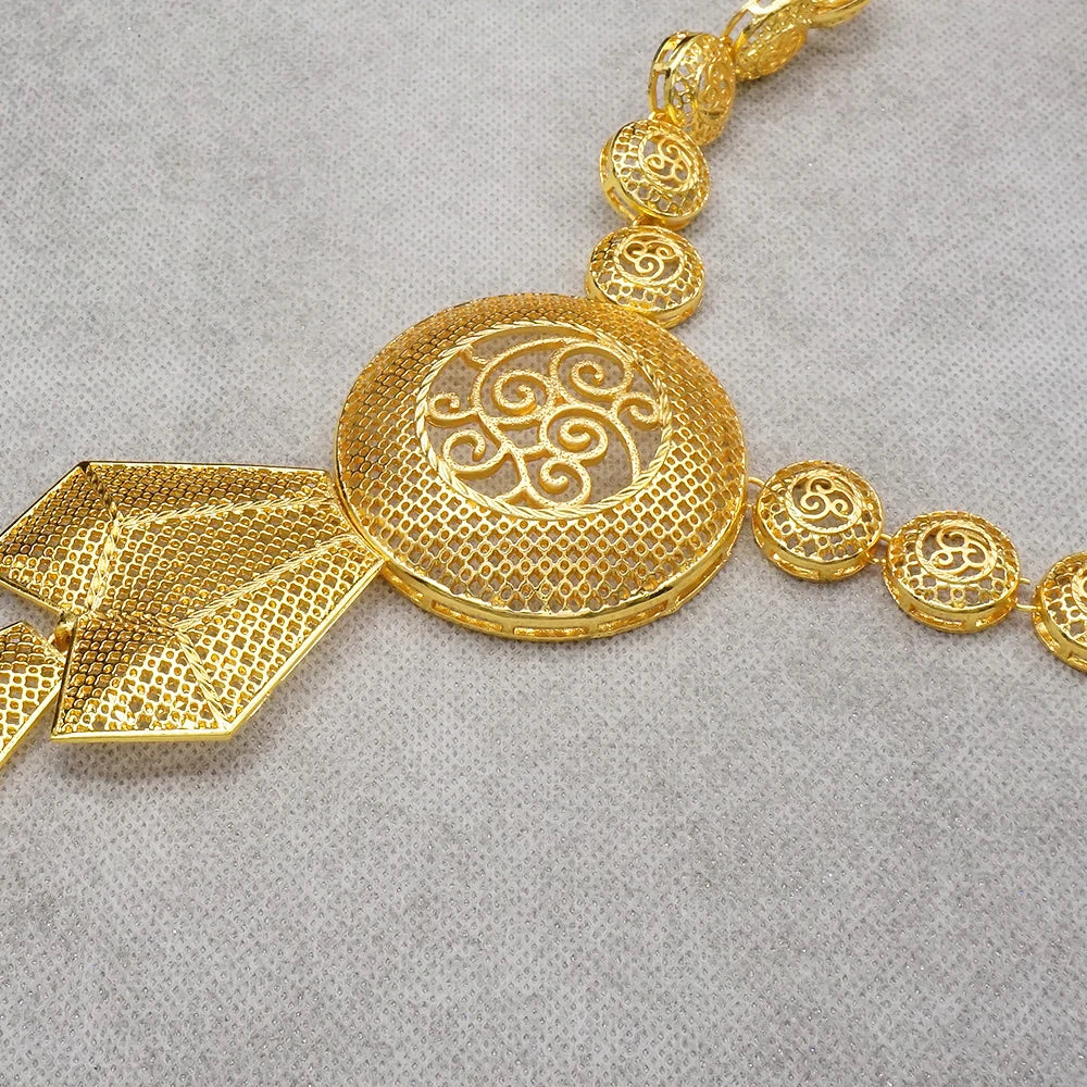 African Gold Color Long Necklace/Earrings/Ring Big Jewelry Set Women Arab Jewelry Wedding Accessories