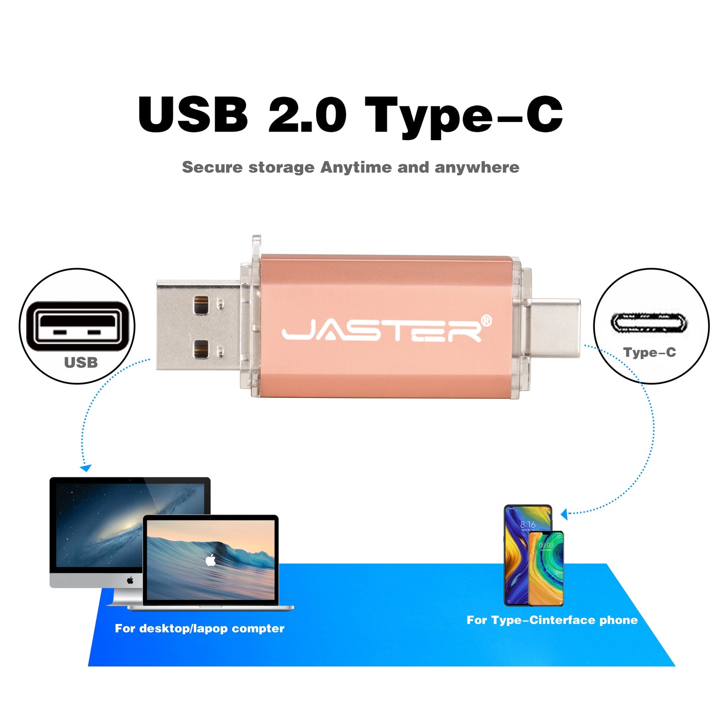 JASTER TYPE-C Smart Phone USB Flash Drives Metal Pen Drive Golden Hight speed Memory Stick Business U disk 16GB 32GB 64GB 128GB