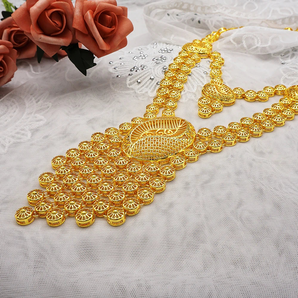 African Gold Color Long Necklace/Earrings/Ring Big Jewelry Set Women Arab Jewelry Wedding Accessories