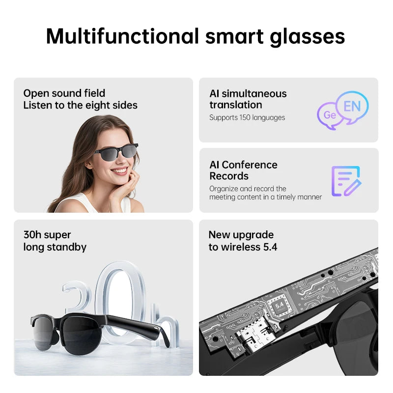 Elegant Lightweight Smart Glasses Open-Ear Cancelling Earphones Built-in Speaker LED Battery Polarized Lenses Glasses