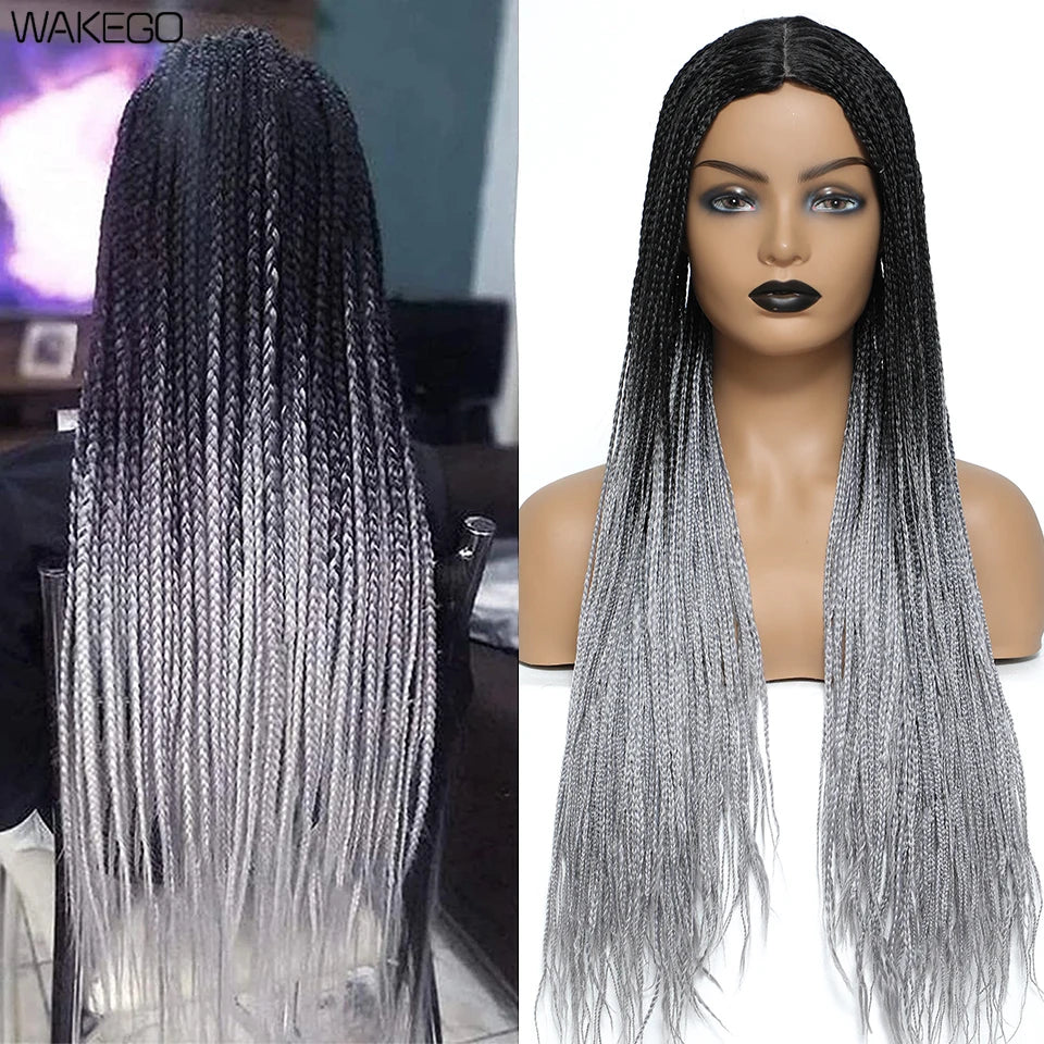 Wakego 26 Inch Ombre Box Braided Wigs For Black Women Braided Wig Fake Scalp Heat Resistant Braiding Hair Wig Peruca Sintetica