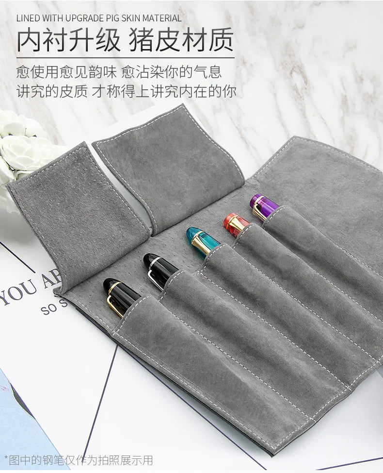 Wancher Genuine Leather Pen Bag 5 Pens Roll Pencil Bag Gift Box Protective Pen Ballpoint Pen Office Accessories Pen Set